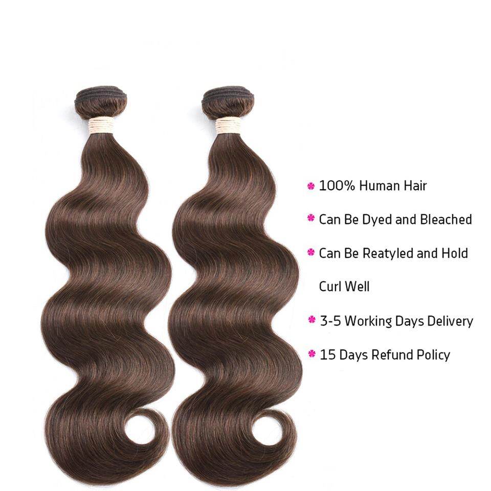 #4 Brown Body Wave 3 Bundles With 4X4 Lace Closure 100% virgin human hair