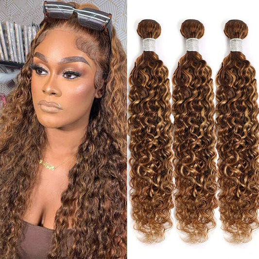 P4/30 Water Wave 3 Bundles 10A Highlight Brown Virgin Human Hair Weaving (No Code Need)