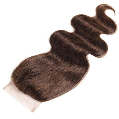 #4 Brown Body Wave 3 Bundles With 4X4 Lace Closure 100% virgin human hair