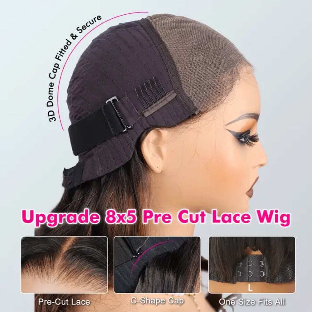 Black Cherry Curtain Bangs Body Wave Human Hair 8x5 Pre Cut Lace Glueless HD Lace Wigs  180% Density