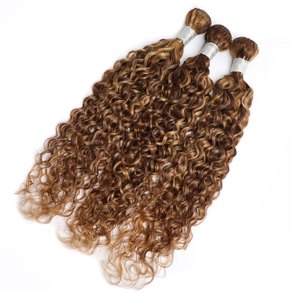 P4/30 Water Wave 3 Bundles 10A Highlight Brown Virgin Human Hair Weaving (No Code Need)