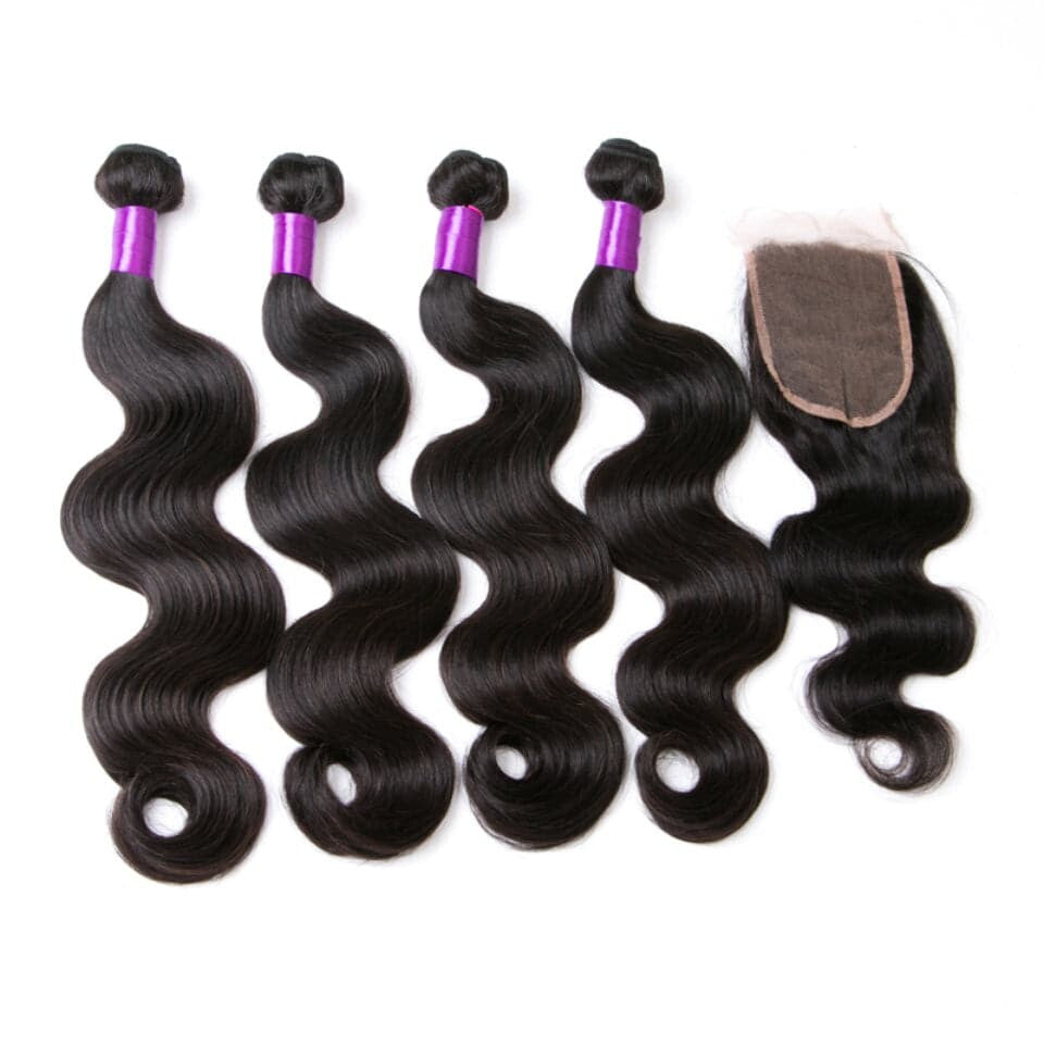 (B1) Body Wave 4 Bundles With 4X4 Transparent Lace Closure Brazilian Human Hair