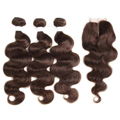 #4 Brown Body Wave 3 Bundles With 4X4 Lace Closure 100% virgin human hair
