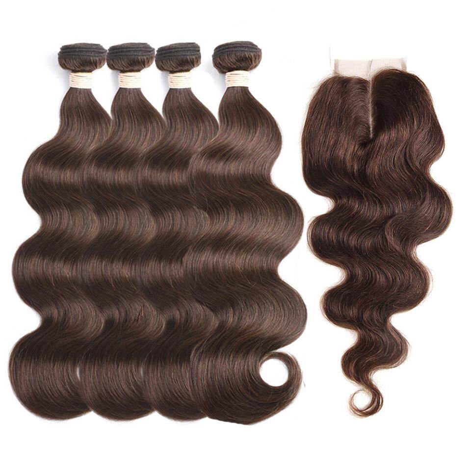 #4 Brown Body Wave 4 Bundles With 4x4 Lace Closure Pre Colored human hair