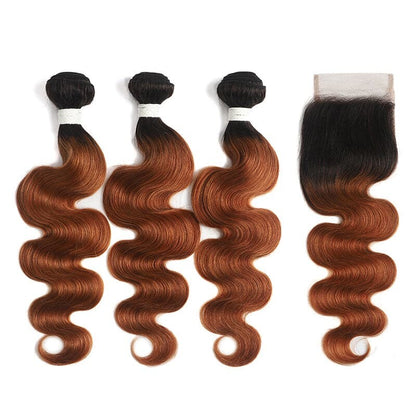 Ombre 1B/30 Body Wave 3 Bundles With Closure 4x4 pre Colored 100% virgin human hair