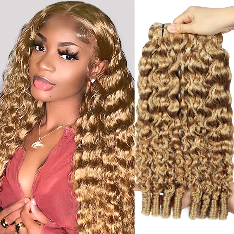 #27 Honey Blonde Burmese Curly Bundles Virgin Human Hair 4 Weave Bundles